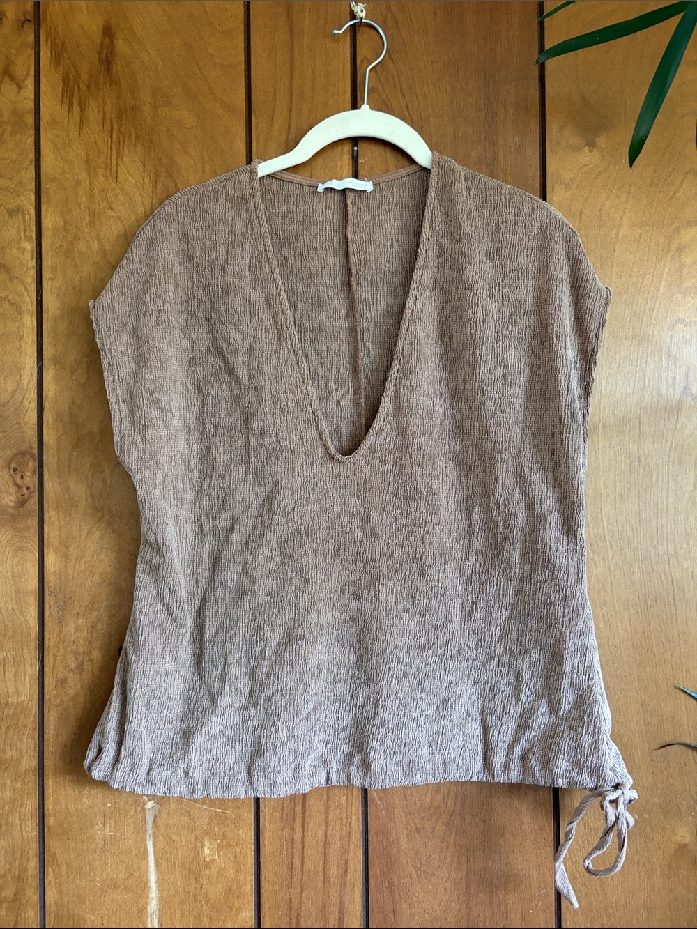Zara Taupe Relaxed V-Neck Tunic with Side Tie